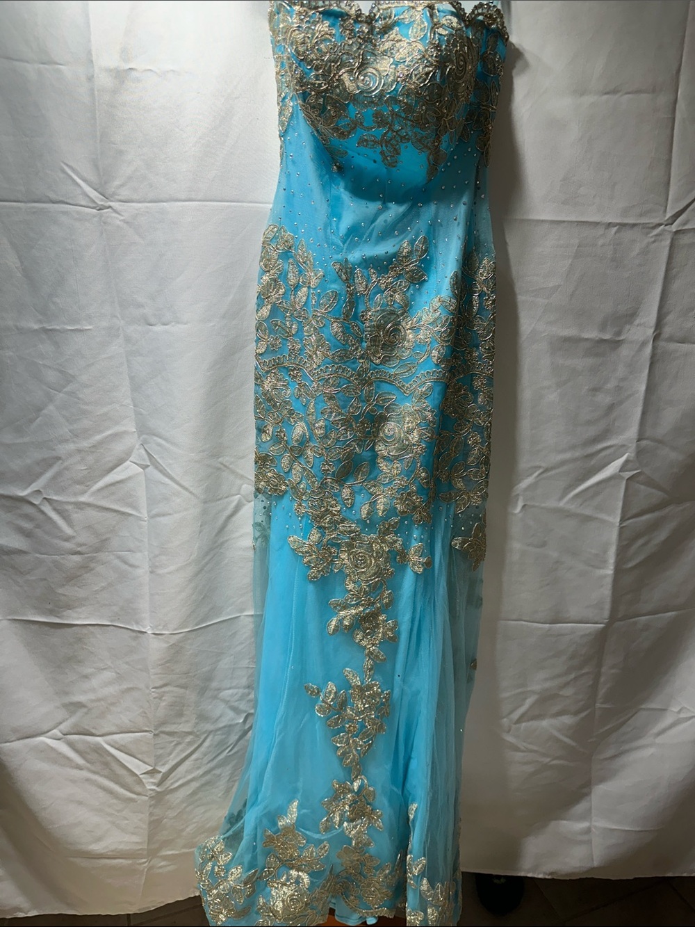 Aqua Blue Prom Gown with Gold Lace Appliqué